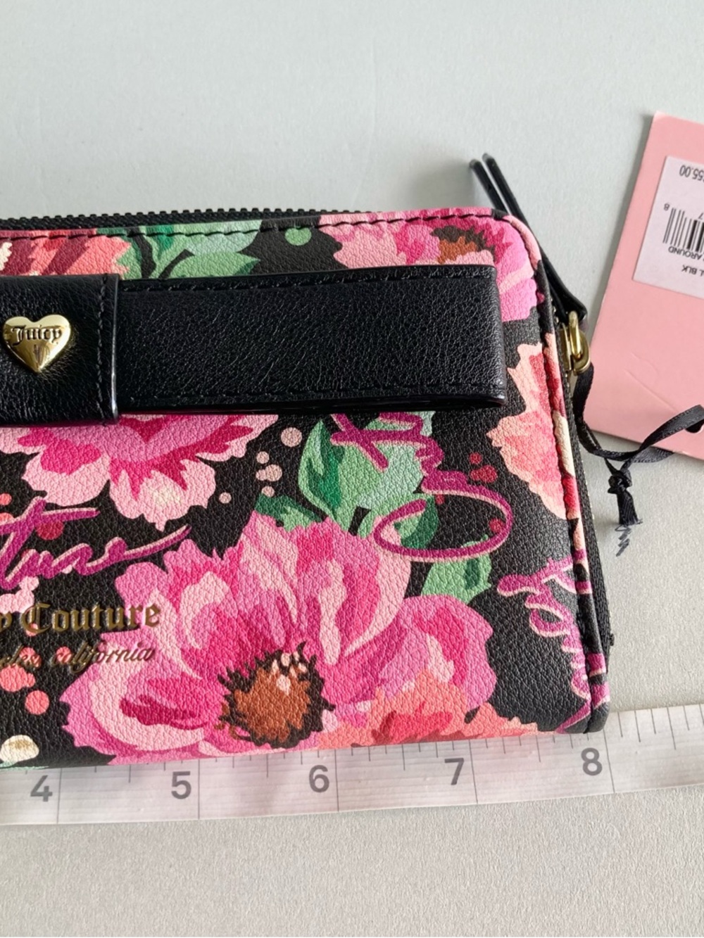 Juicy Couture Black Bow Zip Wallet with Pink & Green floral Accents - Picture 8 of 10